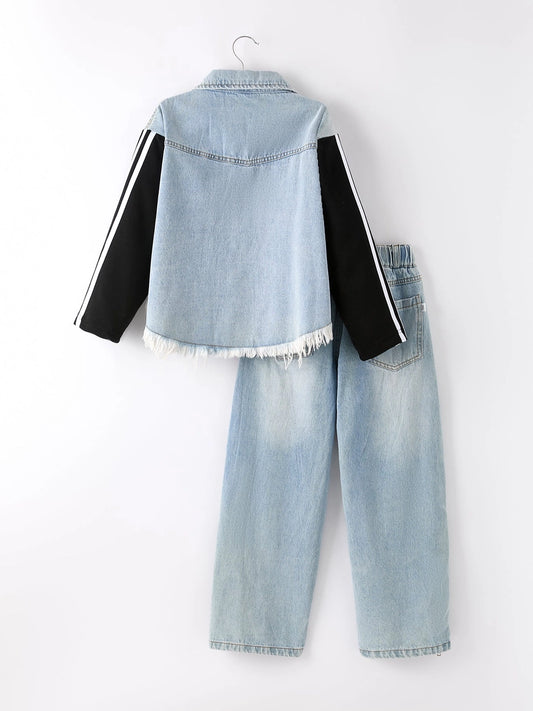 Pants Set-Side Zipper Striped Denim Set (Pre-Order)