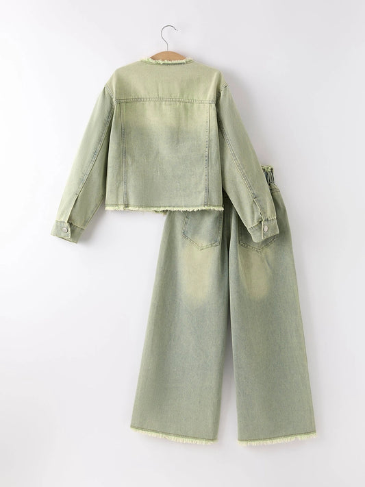 Pants Set-Nostalgic Tassel Edge Girls Denim Set (Pre-Order)