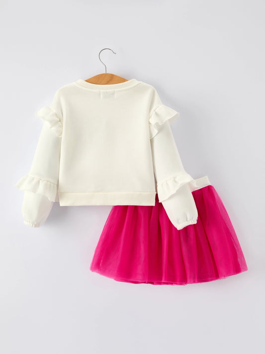 Skirt Set-Girls Christian Outfit–Long Sleeve Faith Top & Pink Cross Mesh Skirt