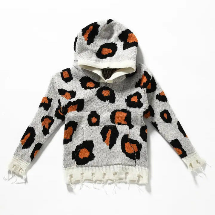 Sweater-Girls Leopard Distressed Hem Hoodie