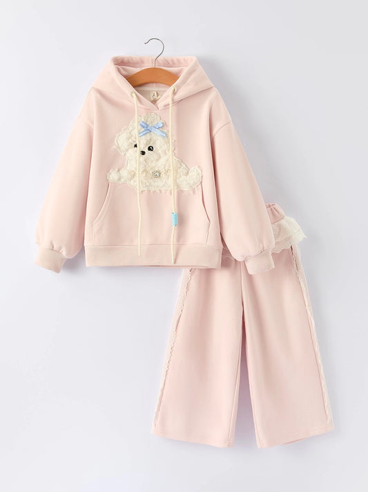 Pants Set-Girls Hoodie with Dog Applique and Lace Trim (Pre-Order)