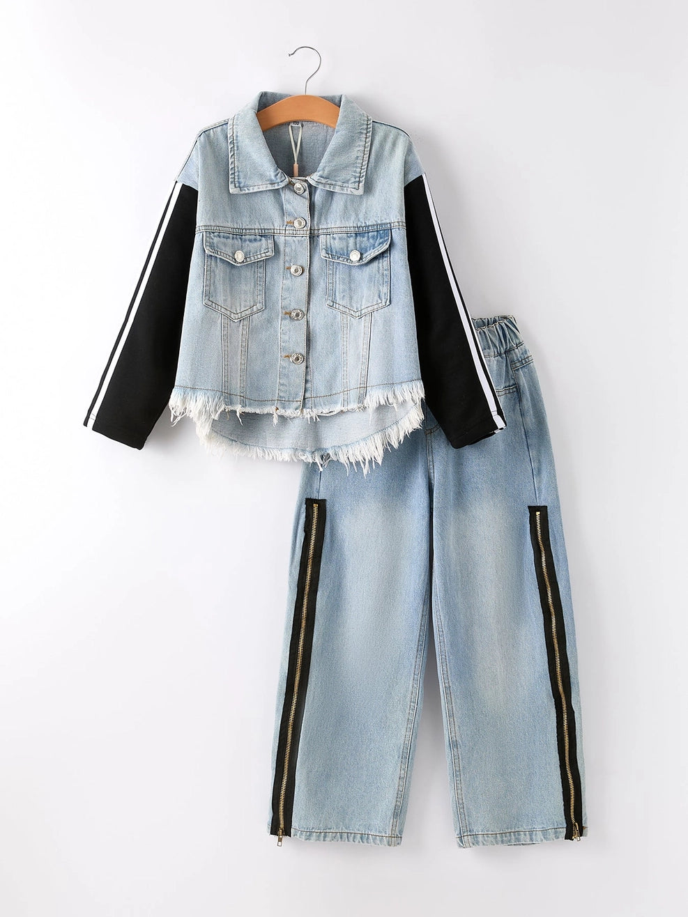 Pants Set-Side Zipper Striped Denim Set (Pre-Order)