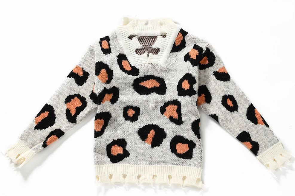 Sweater-Girls Beige Distressed Hem Leopard