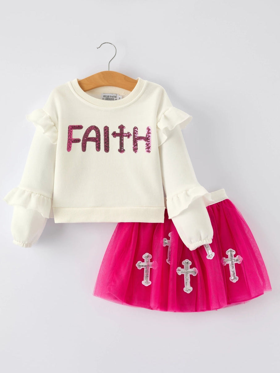 Skirt Set-Girls Christian Outfit–Long Sleeve Faith Top & Pink Cross Mesh Skirt