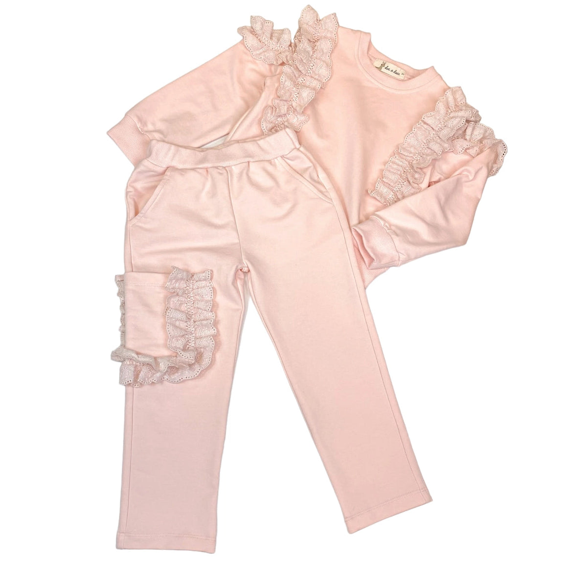 Pants Set-Open Shoulder Lace Trim Top + Pants