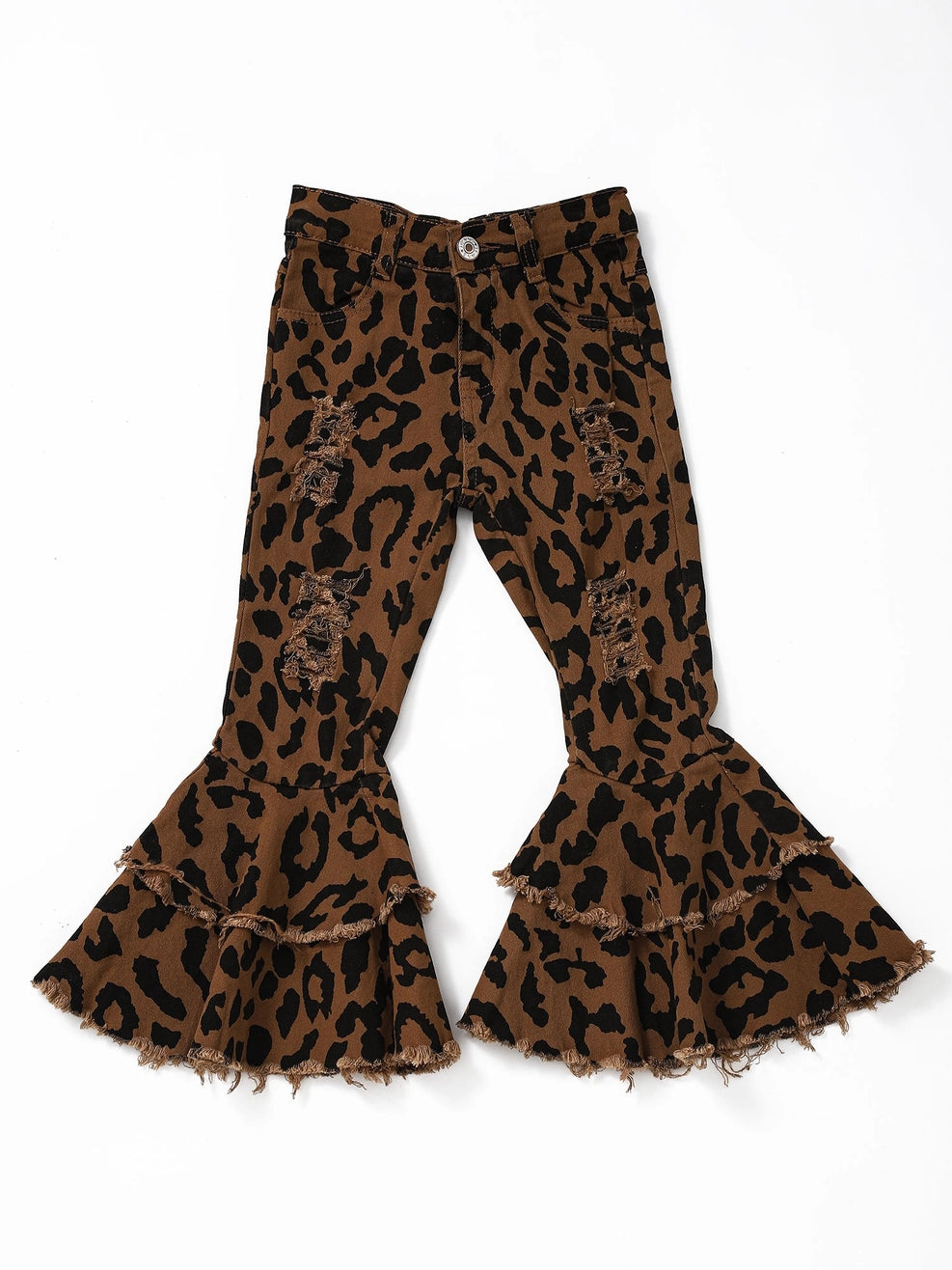 Pants-Leopard Distressed Double Layer Girls Jeans