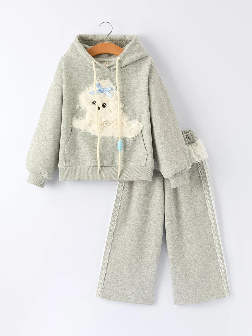 Pants Set-Girls Hoodie with Dog Applique and Lace Trim (Pre-Order)