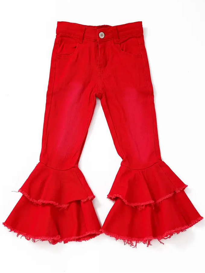 Pants-Red Double Layer Girls Bell Bottom Jeans